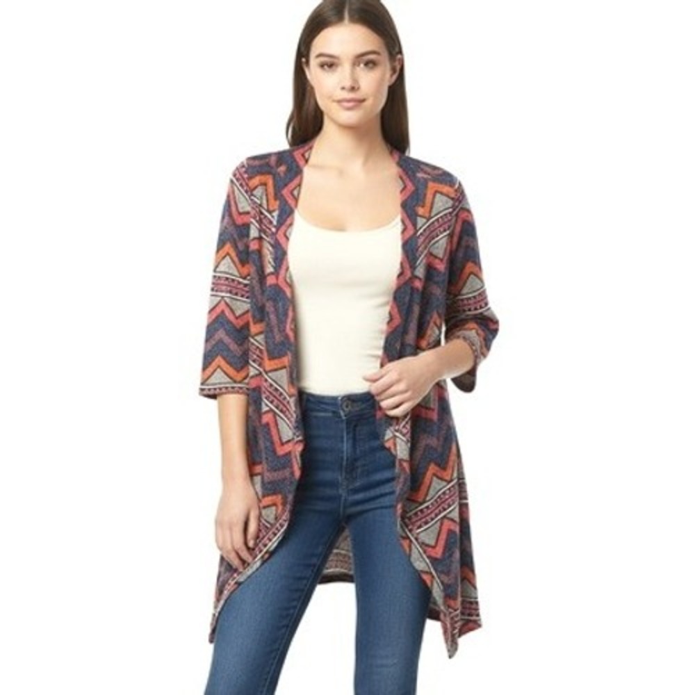 Flamingo Cardigan‎ Sweater S Open Front Chevron Short Sleeve Boho Tribal Cozy